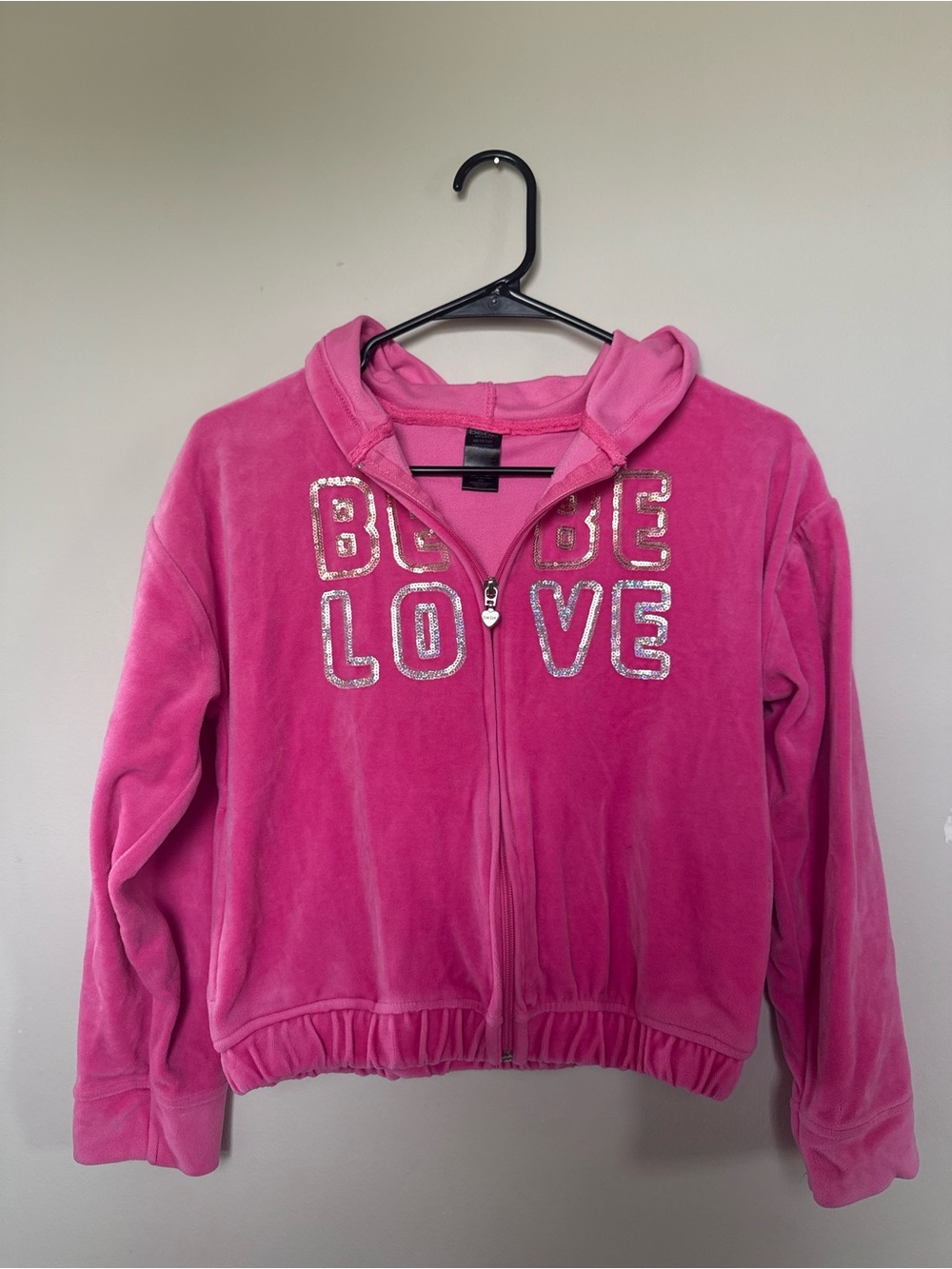 Vintage Bebe Sport Pink Velour Rhinestone Zip-Up Hoodie Tagged M fits XXS/XS